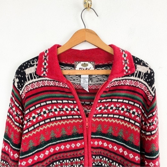 Vintage 2002 Tiara Christmas Holiday Print Zip Up Knit Jacket Sz M - Picture 3 of 5